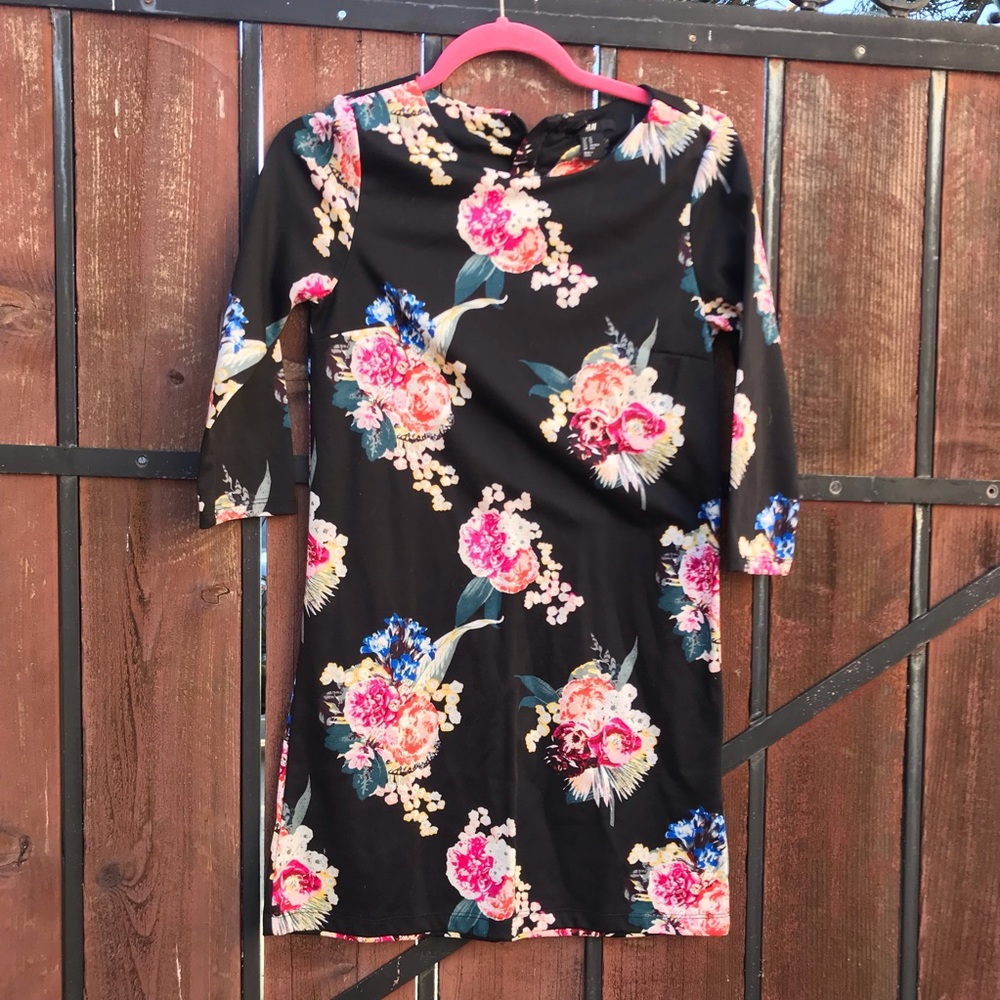 Floral Black Dress - 3/4 Long Sleeve